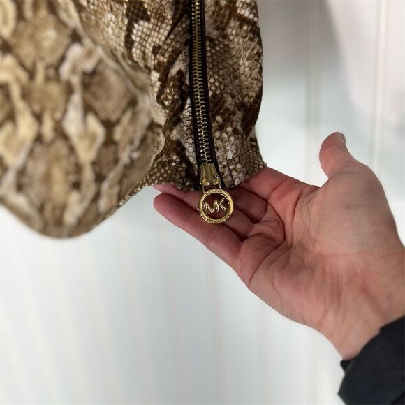 Michael Kors L Snake Print Wrap Top Brown Beige Faux Wrap Blouse Gold Zip Detail - Picture 4 of 10